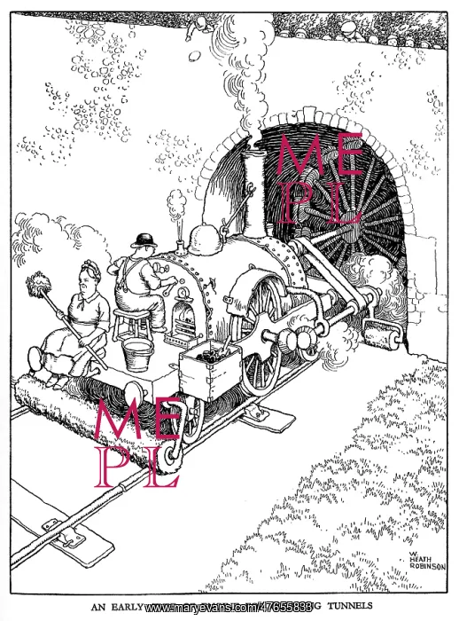 : Illustration, Railway Ribaldry by W Heath Robinson : Illustration, Railway Ribaldry by W Heath Robinson