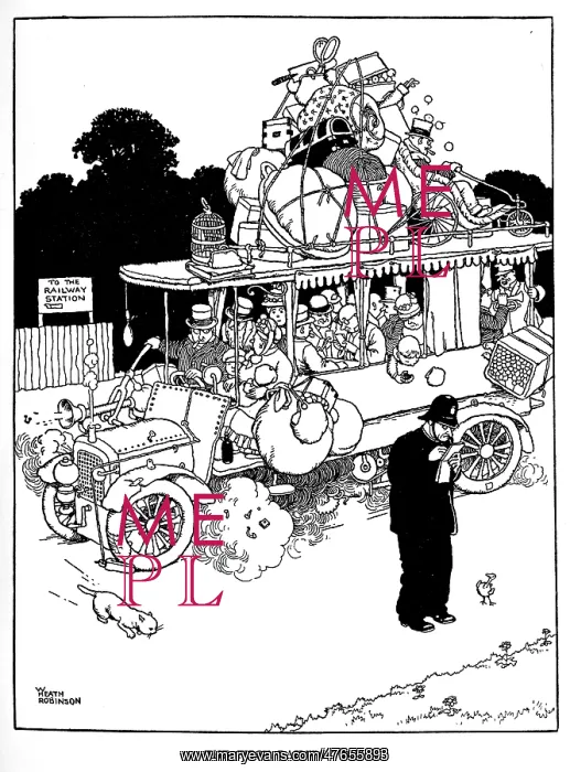 : Illustration, Railway Ribaldry by W Heath Robinson : Illustration, Railway Ribaldry by W Heath Robinson