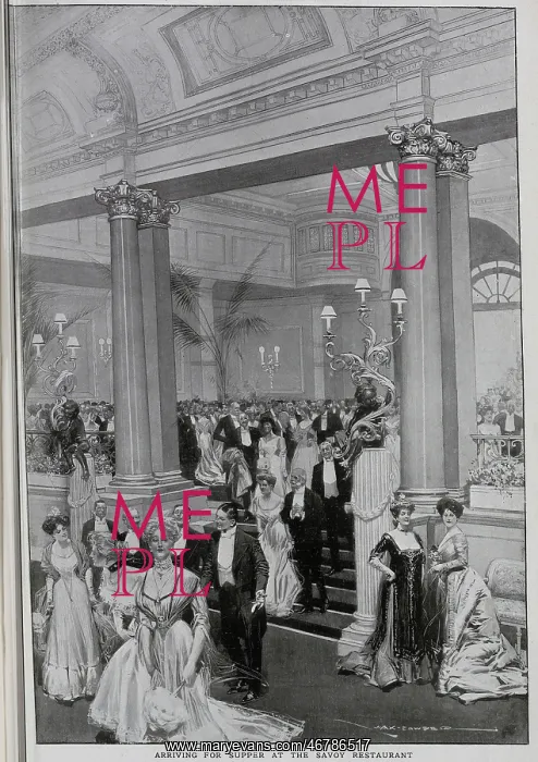: Illustration, Savoy Hotel arriving for supper : Illustration, Savoy Hotel arriving for supper