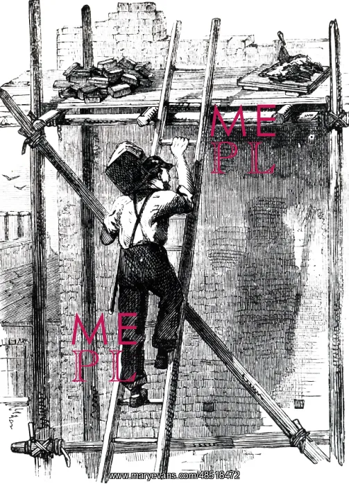 : Illustration showing a bricklayer carrying a hod : Illustration showing a bricklayer carrying a hod