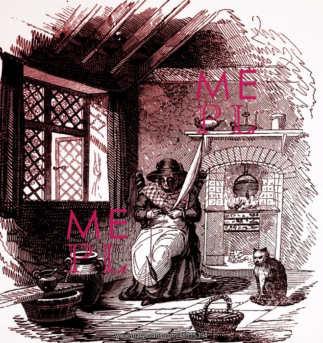 : Illustration showing cottager spinning with DISTAFF : Illustration showing cottager spinning with DISTAFF