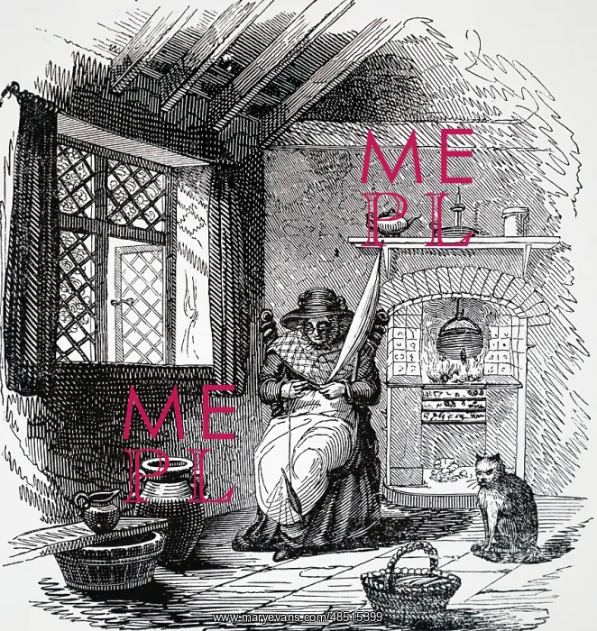 : Illustration showing cottager spinning with DISTAFF : Illustration showing cottager spinning with DISTAFF