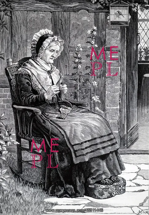 : Illustration showing knitting on four needles. London, 1883 : Illustration showing knitting on four needles. London, 1883