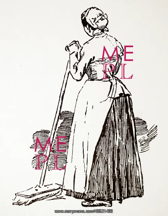 : Illustration showing maid with broom : Illustration showing maid with broom