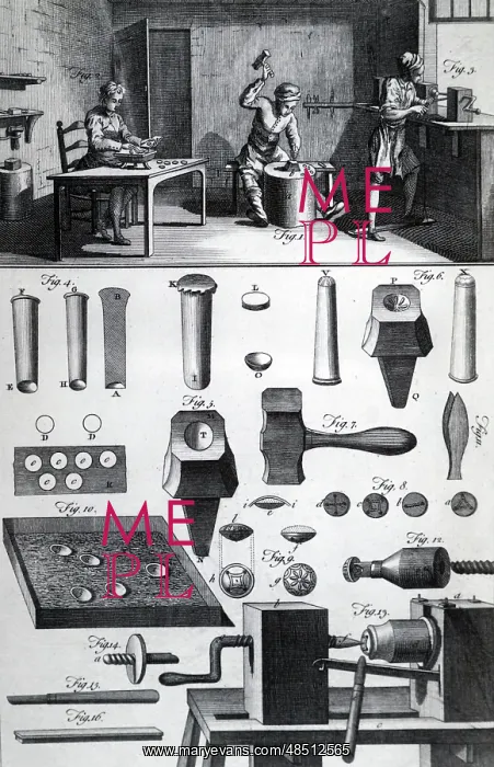 : Illustration showing metal button maker's workshop : Illustration showing metal button maker's workshop