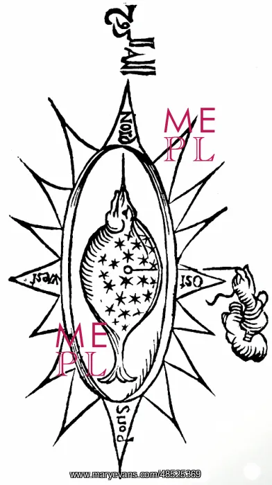 : Illustration showing a simple compass in the shape of a fish : Illustration showing a simple compass in the shape of a fish