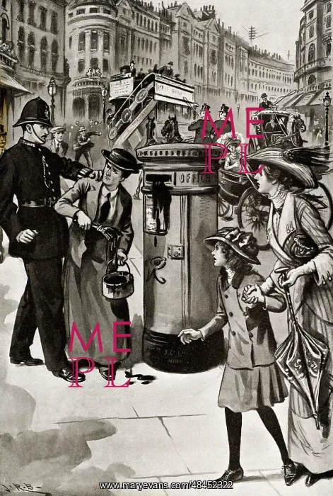 : Illustration, Vicky sees a suffragette arrested : Illustration, Vicky sees a suffragette arrested