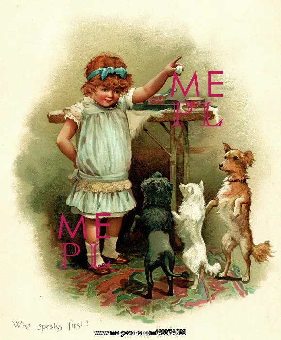  : Illustration, Who Speaks First, girl making dogs beg