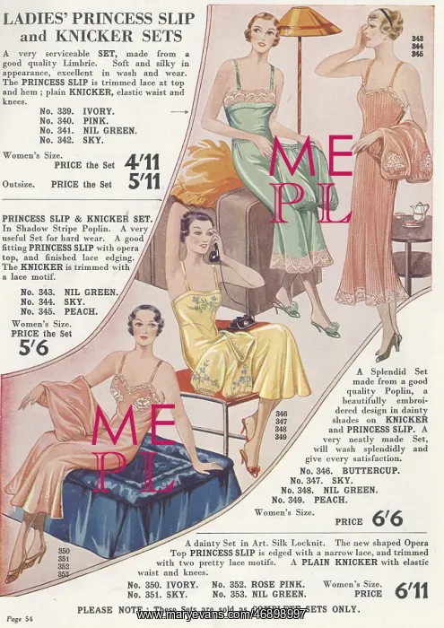 : Illustrations for ladies slips and knicker sets in J E York : Illustrations for ladies slips and knicker sets in J E York