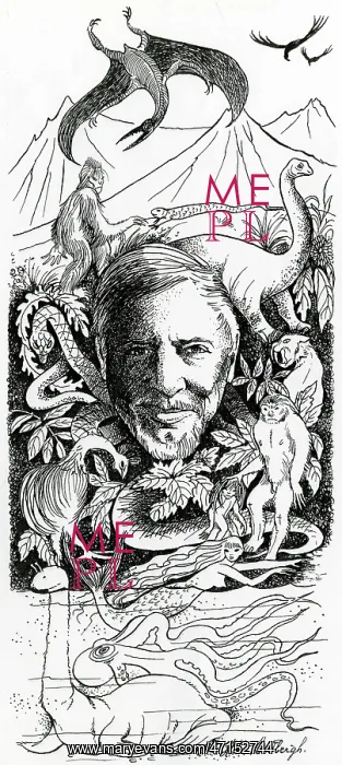 : Ilustration of Bernard Heuvelmans Surround by Creatures : Ilustration of Bernard Heuvelmans Surround by Creatures