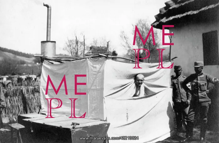 : Improvised bathing facilities, 1915 : Improvised bathing facilities, 1915
