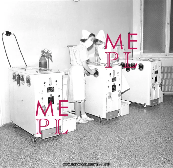: Incubator. Czechoslovakia 1947, Prague. Nurses check on prematurely born : Incubator. Czechoslovakia 1947, Prague. Nurses check on prematurely born