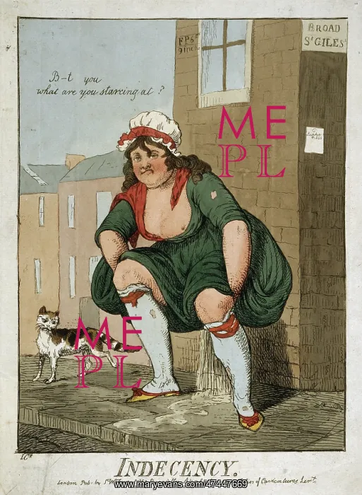 : Indecency. Cartoon print showing a woman urinating in the street, : Indecency. Cartoon print showing a woman urinating in the street,