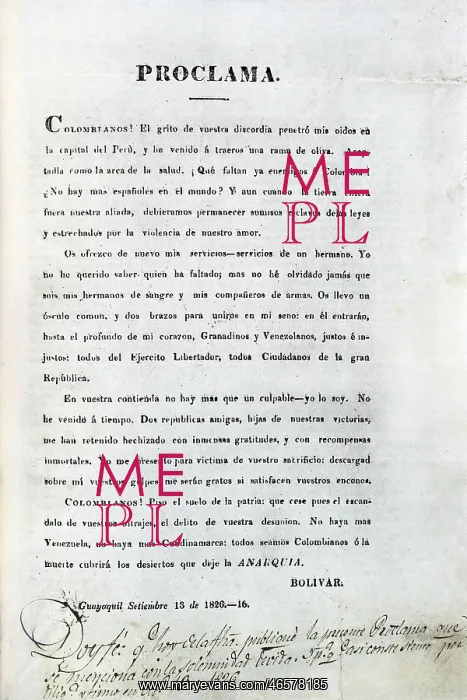 : Independence of Colombia. Leaflet with a proclaim : Independence of Colombia. Leaflet with a proclaim