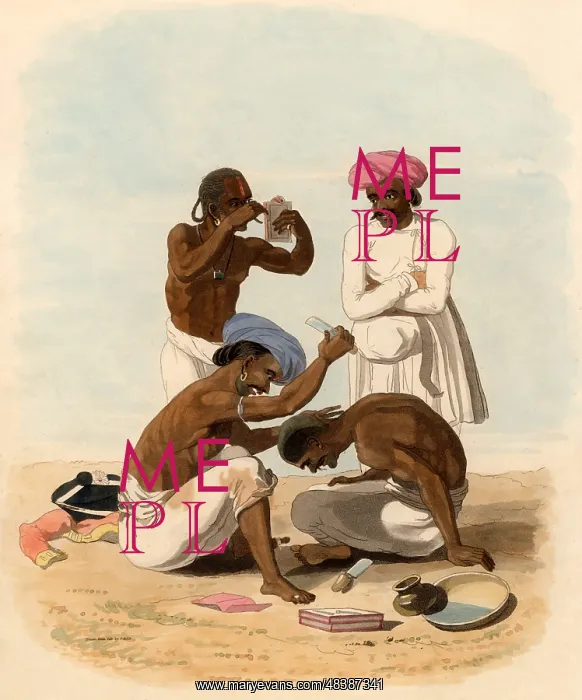: Indian barber. In the foreground a barber is shaving : Indian barber. In the foreground a barber is shaving