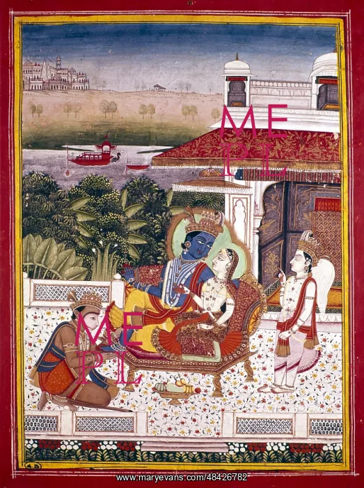 : Indian miniature showing Krishna, winged attendant : Indian miniature showing Krishna, winged attendant