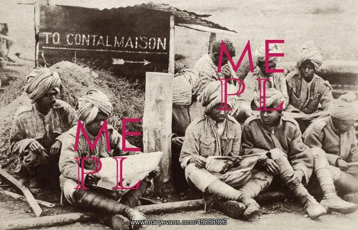 : Indian soldiers reading illustrated papers in : Indian soldiers reading illustrated papers in
