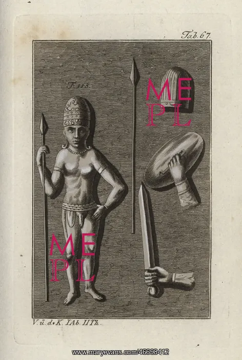 : Indian warrior with spear, sword, shield and : Indian warrior with spear, sword, shield and