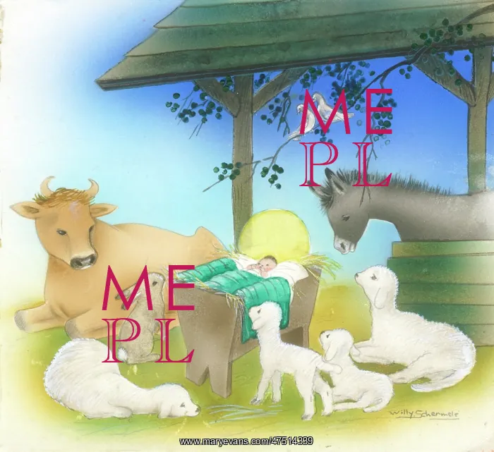 : Infant Jesus in crib surrounded by animals : Infant Jesus in crib surrounded by animals