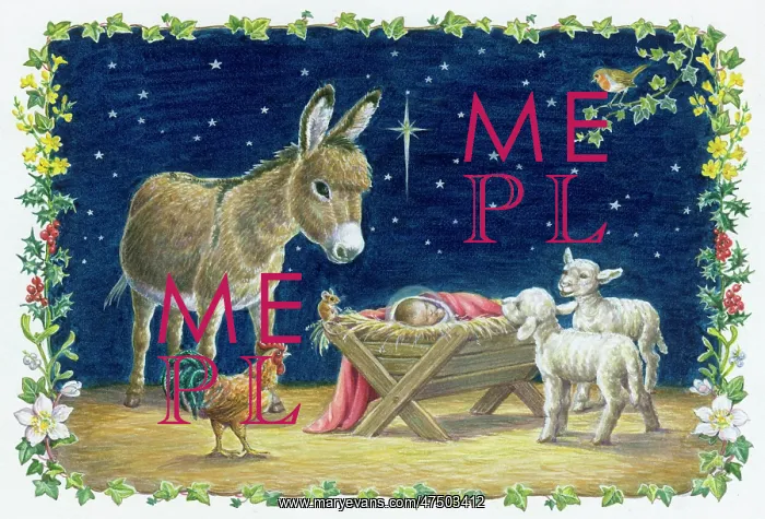 : Infant Jesus in Manger with donkey and lambs : Infant Jesus in Manger with donkey and lambs