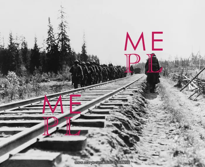 : US Infantry, marching along railway lines during : US Infantry, marching along railway lines during