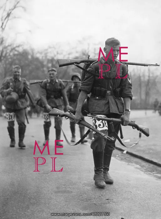 : Infantrymen during a pack march, 1936 : Infantrymen during a pack march, 1936