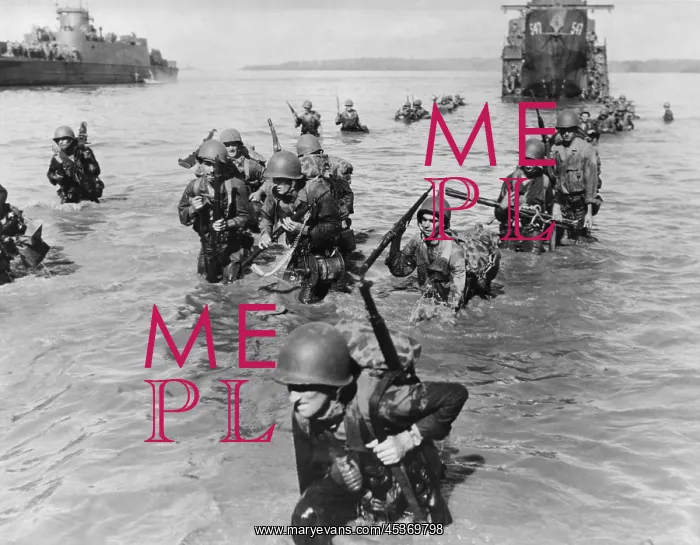 : Infantrymen wade ashore in neck-deep water from : Infantrymen wade ashore in neck-deep water from