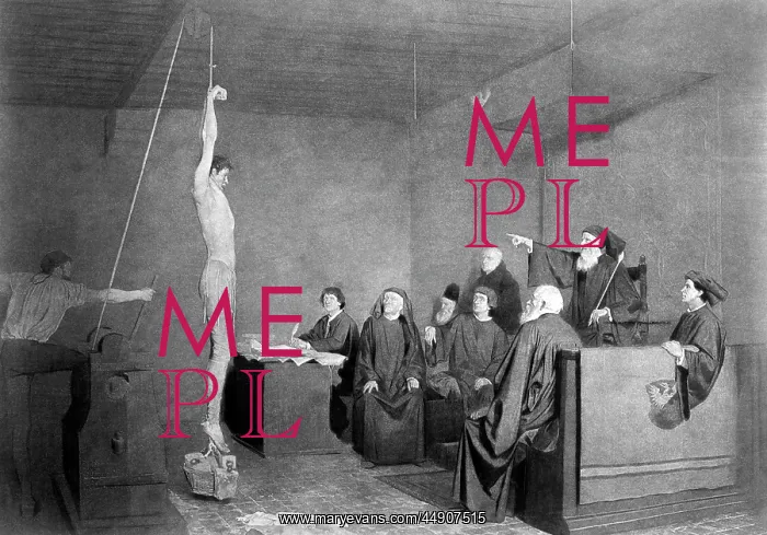 : Inquisition questioning man prisoner hanging : Inquisition questioning man prisoner hanging