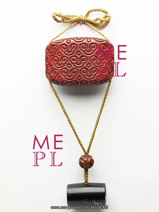 : Inro with scroll design, attached to a netsuke and an ojime : Inro with scroll design, attached to a netsuke and an ojime