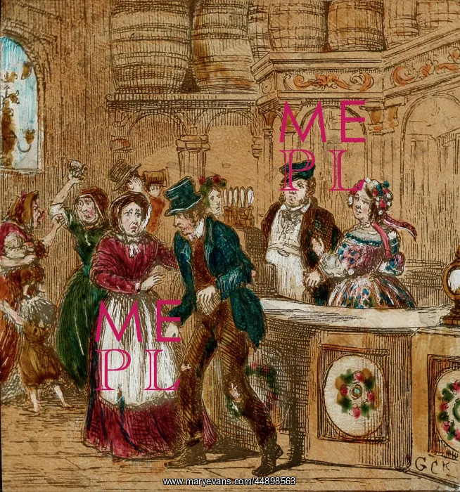 : Inside the gin shop. A woman talks to the drunkard : Inside the gin shop. A woman talks to the drunkard