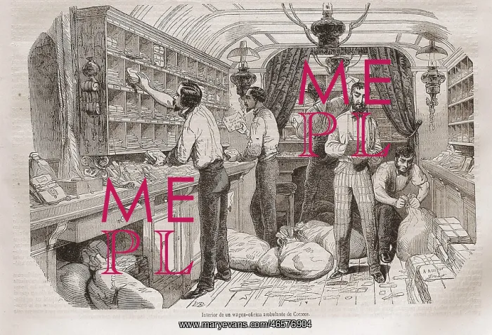 : Inside of a post office-wagon (1854). Illustration : Inside of a post office-wagon (1854). Illustration