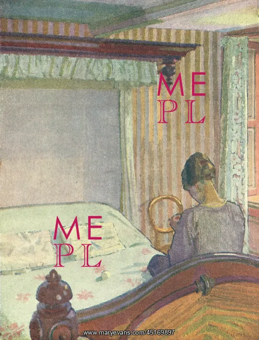 : Interior. An oil painting which shows the back of a young woman, who is sitting on her bed : Interior. An oil painting which shows the back of a young woman, who is sitting on her bed