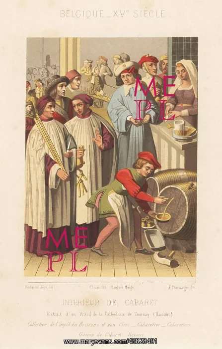 : Interior of a bar or cabaret, Belgium, 15th century : Interior of a bar or cabaret, Belgium, 15th century