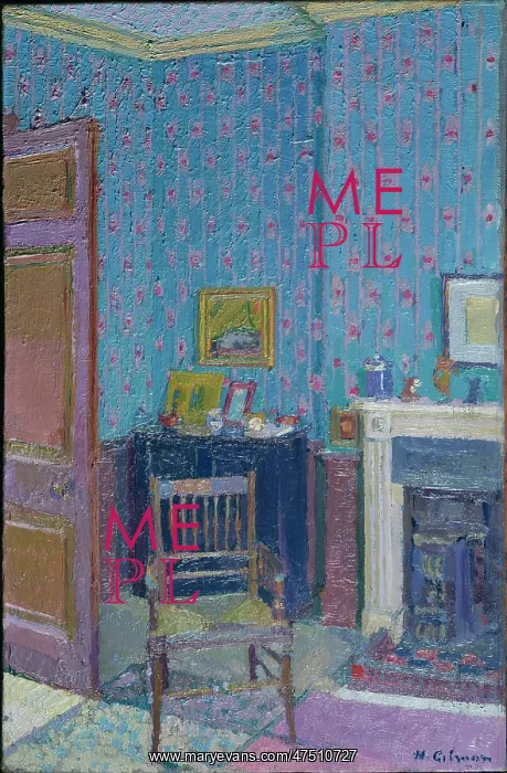 : Interior ' with blue wallpaper and fireplace : Interior ' with blue wallpaper and fireplace