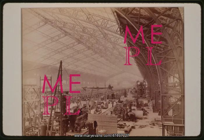 : Interior of Gallery of Machines, showing machines being set : Interior of Gallery of Machines, showing machines being set