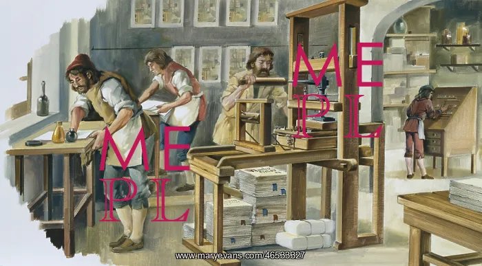: Interior of a printing press in the early modern : Interior of a printing press in the early modern