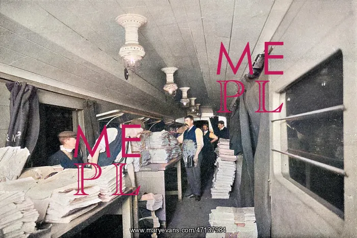 : Interior of a sorting car on a newspaper express train : Interior of a sorting car on a newspaper express train