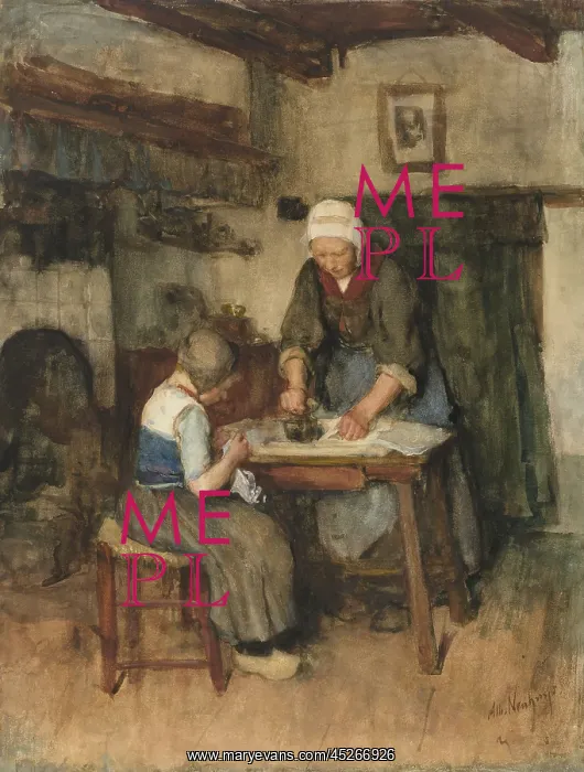 : Interior with Woman Ironing and Sewing Child : Interior with Woman Ironing and Sewing Child
