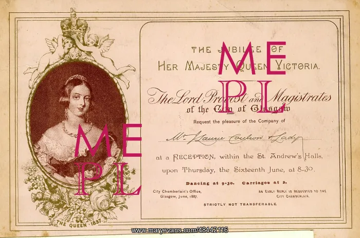 : Invitation, Queen Victoria Jubilee Reception, Glasgow 1887 : Invitation, Queen Victoria Jubilee Reception, Glasgow 1887