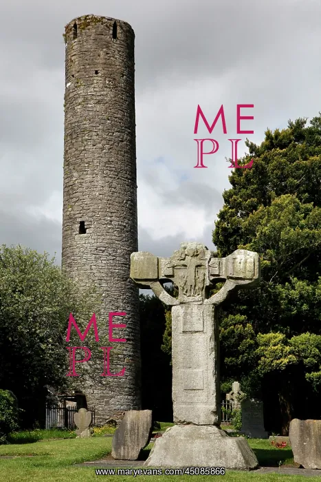 : Ireland. Detail of round tower and unfinished cross, Kells Abbey : Ireland. Detail of round tower and unfinished cross, Kells Abbey