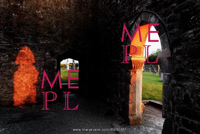 : Ireland. Low angle view through the arches of Clonmacnoise Cathedral : Ireland. Low angle view through the arches of Clonmacnoise Cathedral
