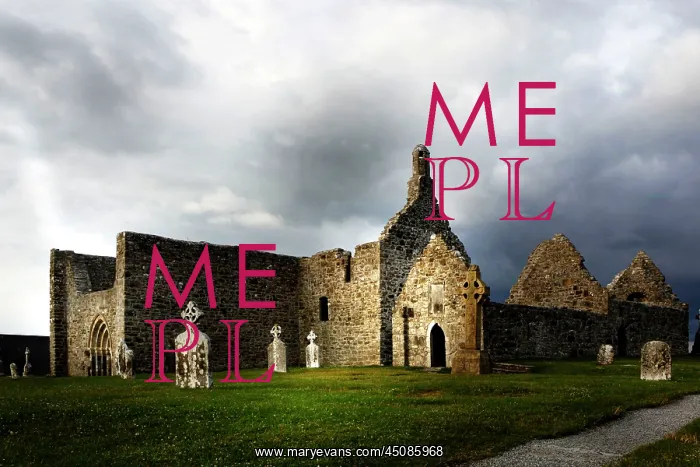 : Ireland. Low angle view of Clonmacnoise Cathedral, 10th century, : Ireland. Low angle view of Clonmacnoise Cathedral, 10th century,