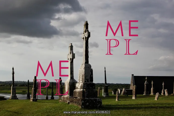 : Ireland. Low angle view of numerous Gravestones, with the River Shannon : Ireland. Low angle view of numerous Gravestones, with the River Shannon