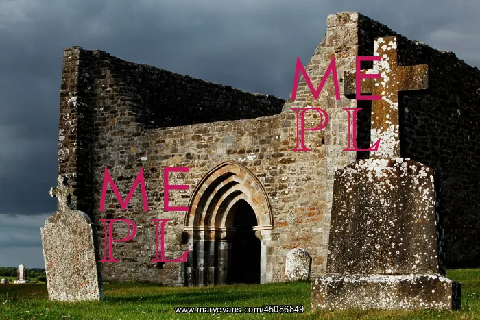 : Ireland. Low angle view of graveslabs with the Cathedral : Ireland. Low angle view of graveslabs with the Cathedral