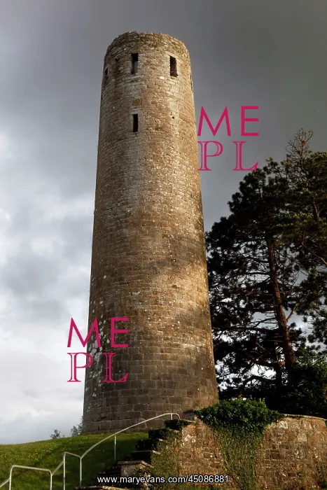 : Ireland. Low angle view of O Rourke's Tower, Clonmacnoise : Ireland. Low angle view of O Rourke's Tower, Clonmacnoise