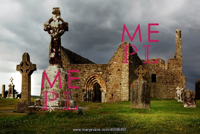 : Ireland. Low angle view of Clonmacnoise Cathedral, 10th century, : Ireland. Low angle view of Clonmacnoise Cathedral, 10th century,
