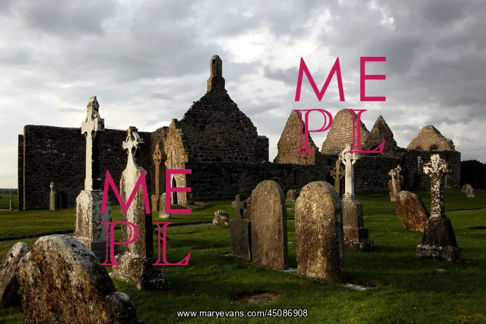 : Ireland. Low angle view of Gravestones, Temple Doolin or Dowling : Ireland. Low angle view of Gravestones, Temple Doolin or Dowling