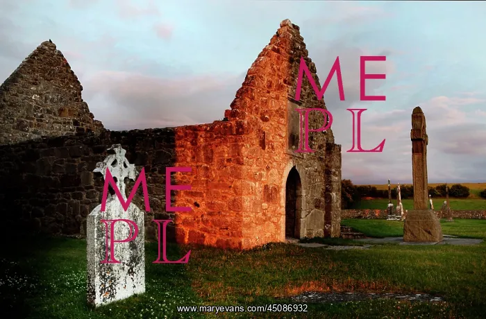 : Ireland. Low angle view of Clonmacnoise Cathedral : Ireland. Low angle view of Clonmacnoise Cathedral