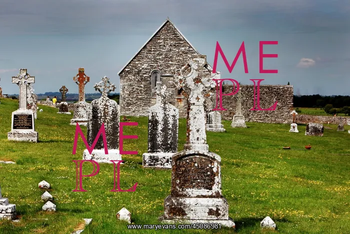  : Ireland. Low angle view of Gravestones and Temple Connor