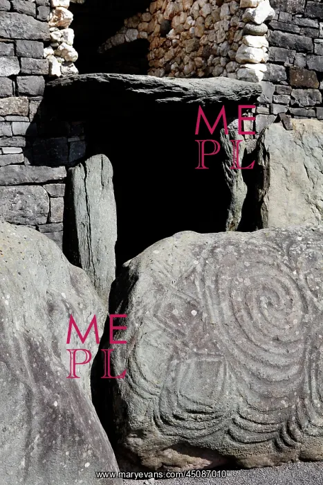 : Ireland. Detail of Megalithic stone carving at the entrance of the mound : Ireland. Detail of Megalithic stone carving at the entrance of the mound